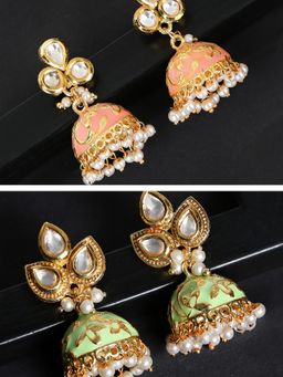 OOMPH - Combo of 2 Pink & Green Meenakari Enamel Kundan Pearls Jhumki Earrings
