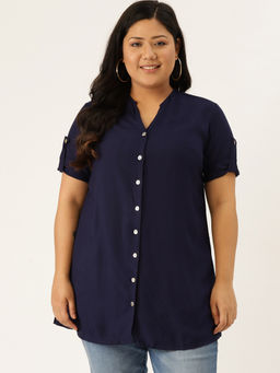 theRebelinme - Plus Size Womens Navy Blue Solid Colour Longline Casual Shirt