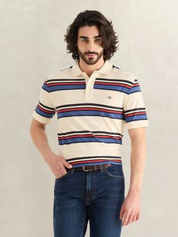GANT - Men Cream Striped Polo T-Shirt