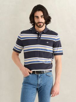 GANT - Men Navy Blue Striped Polo T-Shirt