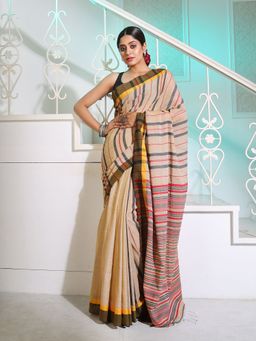 CHARUKRITI - Beige Cotton Handspun Handwoven Saree with Stripes Pattern with Unstitched Blouse