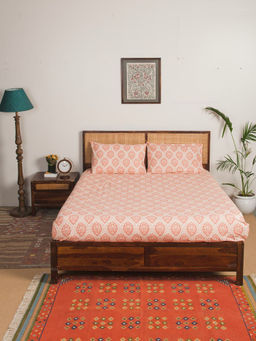 Fabindia - Pink Cotton Printed Bed Sheet with Pillow Cover