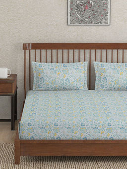 Fabindia - Teal Cotton Printed Bed Sheet with Pillow Cover (Single)