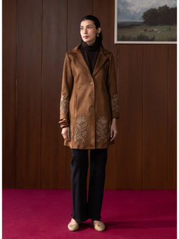 Lakshita - Camel Beige Embroidered Suede Coat