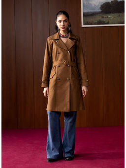 Lakshita - Olive Suede A-Line Coat With Belt