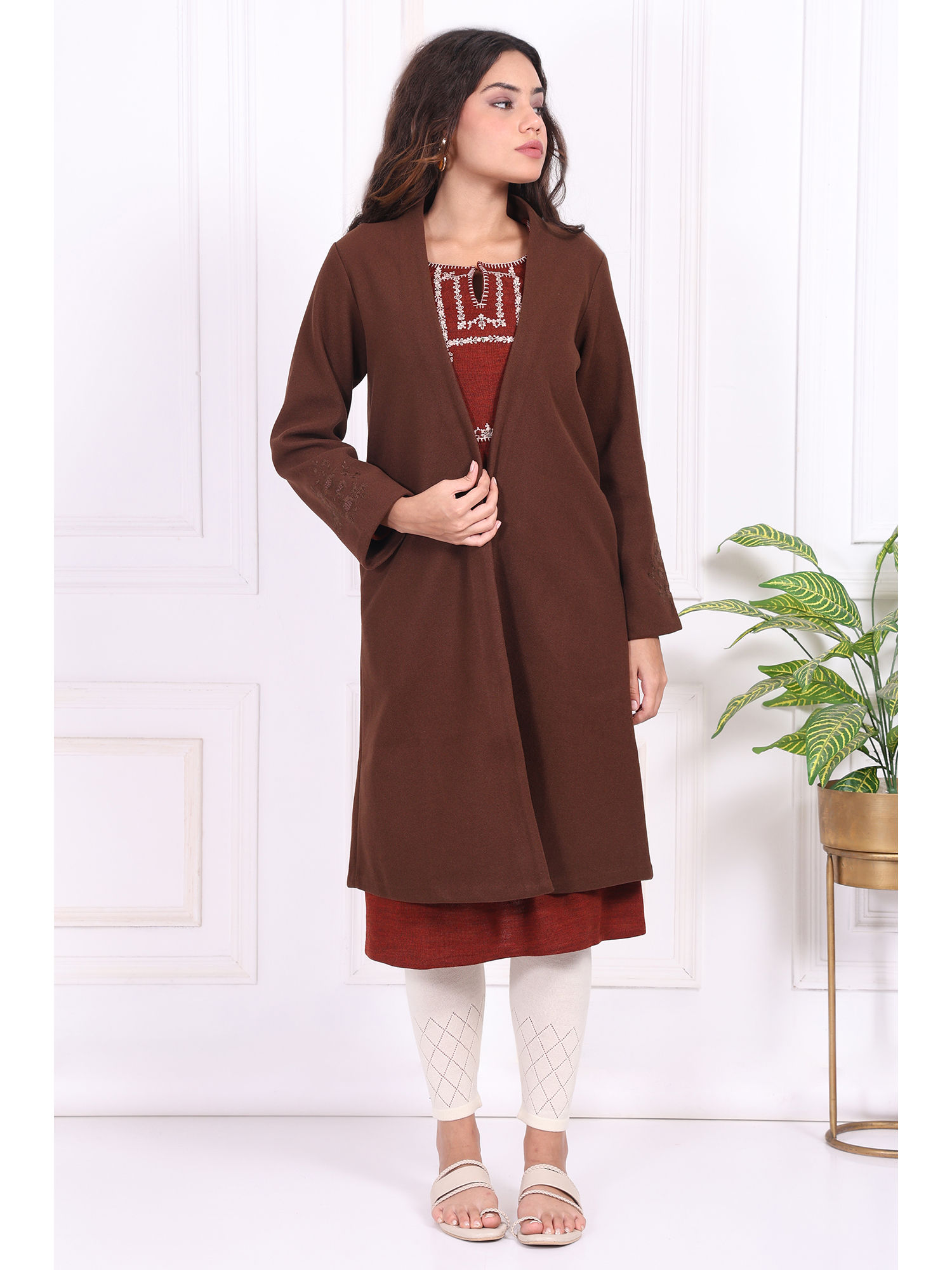Brown Solid Straight Polyester Coat-picture-24