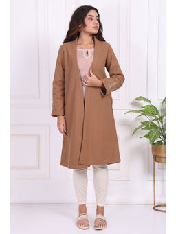 W - Beige Solid Straight Coat (L)