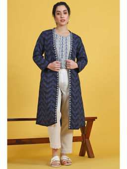 W - Blue Printed Rayon Straight Overcoat