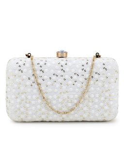 Anekaant - Hue White & Gold Faux Silk Sequin Embroidered Box Clutch