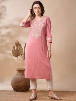 Globus - Women Pink Sequinned & Floral Embroidered Yoke Structured Fabric Straight Workwear Kurta