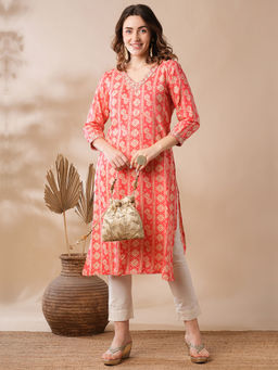 Globus - Women Coral V-Neck Gold Foil Printed Straight Kurta