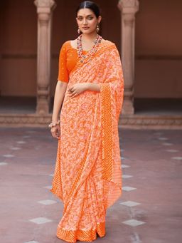 Akhilam - Womens Chiffon Orange Printed Designer Saree with Unstitched Blouse