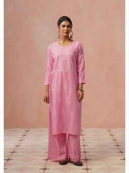 House of Chikankari - Women Cotton Dobby Chikankari Pink Kurta with Pant