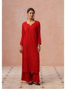 House of Chikankari - Women Rayon Chikankari Red Kurta with Pant