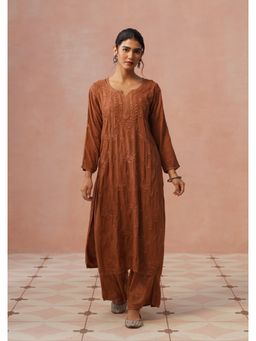 House of Chikankari - Women Rayon Chikankari Brown Kurta with Pant