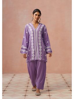 House of Chikankari - Women Rayon Chikankari Short Lavender Kurta with Pant