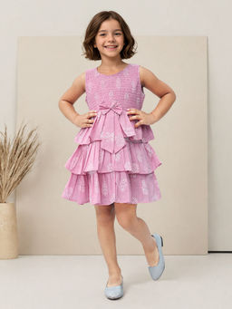 Toonyport - Girls Fit & Flare Printed Pink Dress