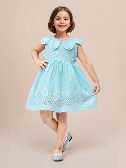 Toonyport - Girls Fit & Flare Floral Printed Blue Dress
