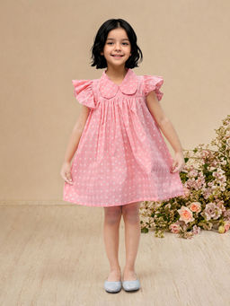 Toonyport - Girls Fit & Flare Polka Dots Printed Peach Dress