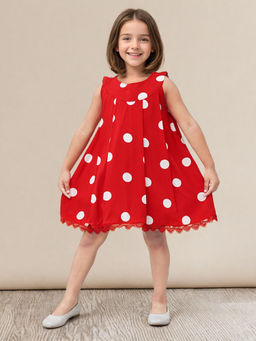 Toonyport - Girls Fit & Flare Polka Dots Printed Red Dress