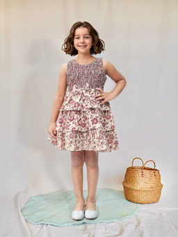 Toonyport - Girls Fit & Flare Floral Printed Brown Dress