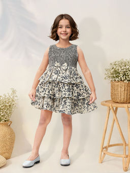Toonyport - Girls Fit & Flare Floral Printed Beige Dress