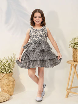 Toonyport - Girls Fit & Flare Floral Printed Beige Dress