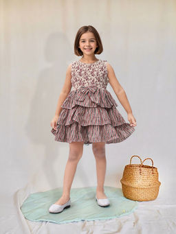 Toonyport - Girls Fit & Flare Floral Printed Brown Dress
