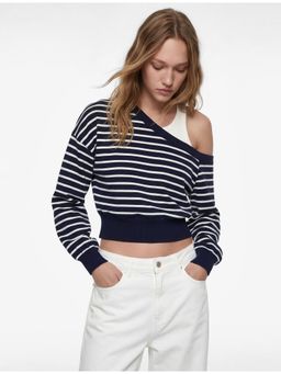 Koton - Striped Crop Sweatshirt - Navy Blue