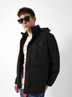The Bear House - Black Solid Nylon Regular Fit Jacket