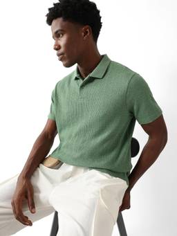 The Bear House - Green Self Design Cotton Regular Fit Polo T-Shirt
