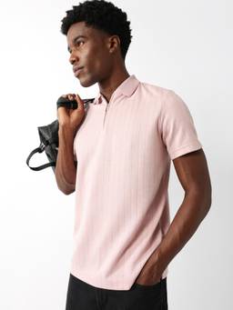 The Bear House - Pink Self Design Cotton Regular Fit Polo T-Shirt