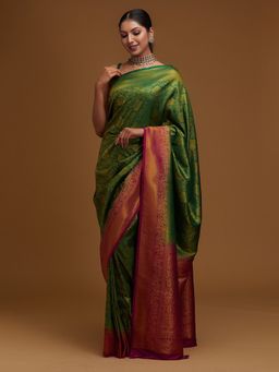 Koskii - Bottle Green Zari Work Art Silk Designer Saree with Unstitched Blouse
