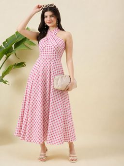 Aritri - Women Checked Halter Neck A-Line Cotton Maxi Dress