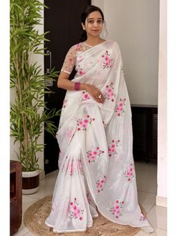Mysilklove - Crystal White Floral Hand Embroidered Crush Tissue Saree