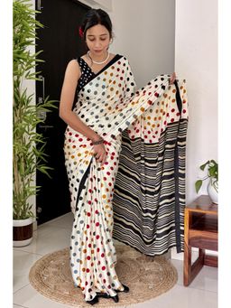 Mysilklove - Celestial White & Black Satin Crepe Saree