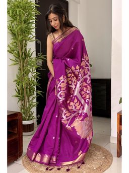 Mysilklove - Dark Pink Pichwai Woven Temple Border Pure Cotton Silk Saree