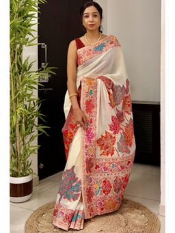 Mysilklove - Oyster White Kashmiri Handloom Jamewar Saree