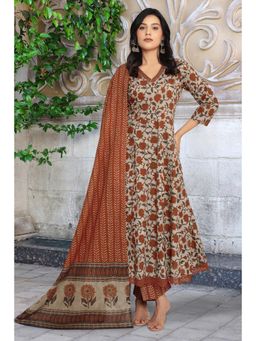 MEENA BAZAAR Since 1970 - Beige Rust Cotton Floral Printed Anarkali Kurta with Pant Dupatta