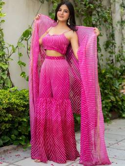 HOUSE OF JAMOTI - Gulabi Leheriya Crop Top with Sharara & Cape