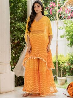 HOUSE OF JAMOTI - Ziya Yellow Leheriya Kaftan with Sharara & Bustier