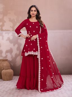 INDDUS - Women Ethinic Motifs Thread Sequinned Embroidered Kurta With Sharara & Dupatta