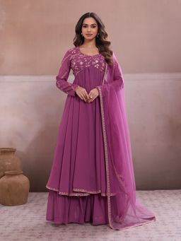 INDDUS - Women Floral Embroidered Pleated Anarkali Kurta With Sharara & Dupatta
