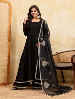INDDUS - Women Mukaish Embroidered A-line Anarkali Kurta With Sharara & Dupatta