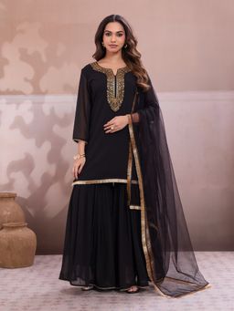 INDDUS - Women Floral Zari Sequinned Embroidered Yoke Design Kurti with Sharara Dupatta