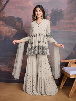 INDDUS - Women Floral Thread Sequinned Embroidered Pleated Kurti with Sharara Dupatta