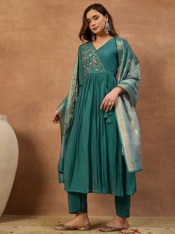 INDDUS - Women Floral Zari Thread Embroidered Pleated Anarkali Kurta With Pant & Dupatta