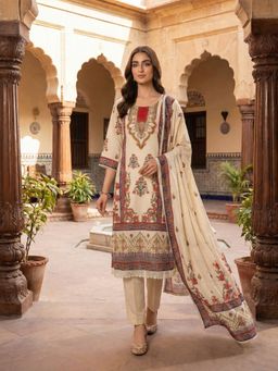 INDDUS - Women Floral Printed Hand Embroidered Kurta with Pant Dupatta