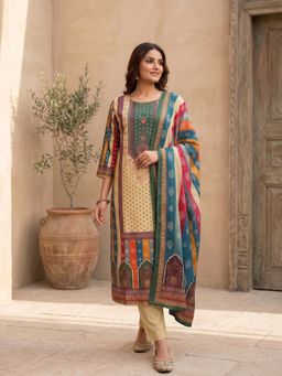 INDDUS - Women Muslin Silk Floral Printed Embellished Kurta with Pant & Dupatta