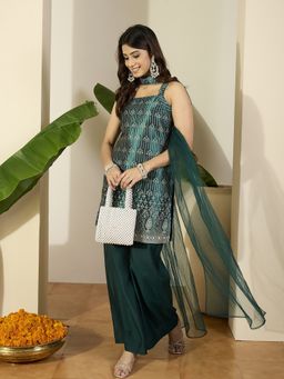 INDDUS - Women Floral Zari Woven Design Kurti with Pant & Dupatta